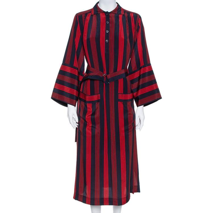 Pre Owned Joseph Red/Blue Striped Chester Crepe de Chine Silk Midi Dress M