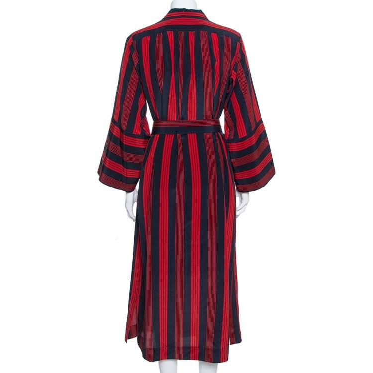 Pre Owned Joseph Red/Blue Striped Chester Crepe de Chine Silk Midi Dress M