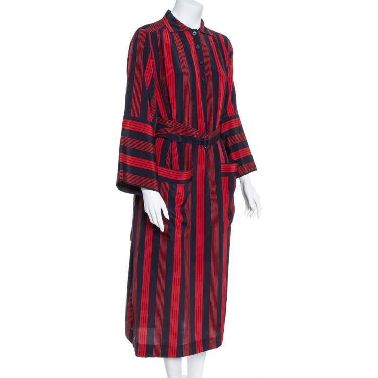 Pre Owned Joseph Red/Blue Striped Chester Crepe de Chine Silk Midi Dress M