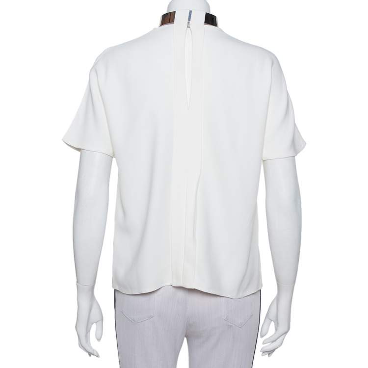 مملوكة مسبقًا Joseph Cream Crepe Metal Neck Detail Short Sleeve Top M