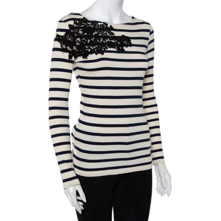 Pre Owned Joseph Beige & Navy Blue Striped Cotton Lace Patch Detail T-Shirt S