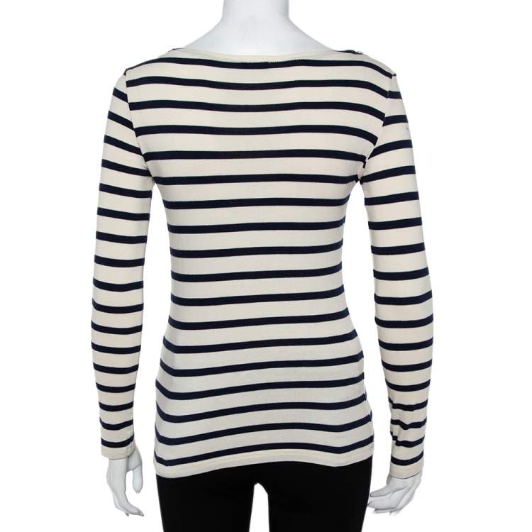 Pre Owned Joseph Beige & Navy Blue Striped Cotton Lace Patch Detail T-Shirt S