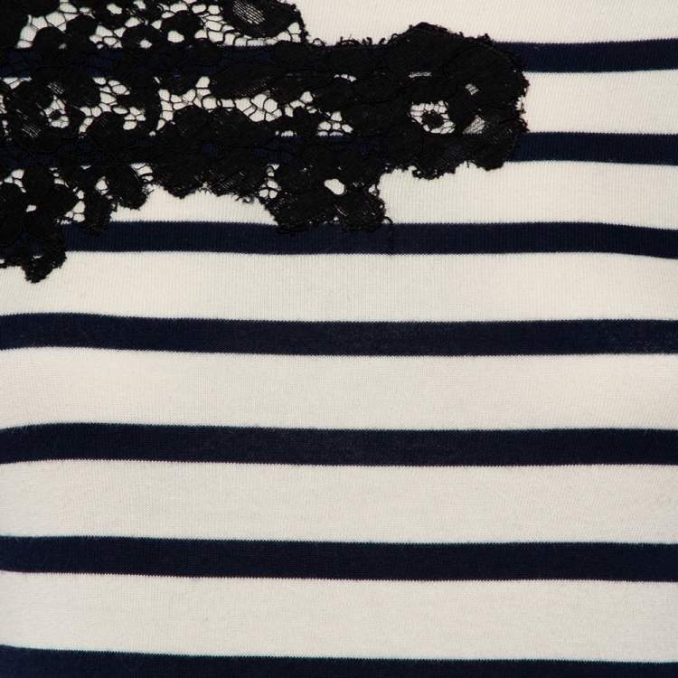 Pre Owned Joseph Beige & Navy Blue Striped Cotton Lace Patch Detail T-Shirt S