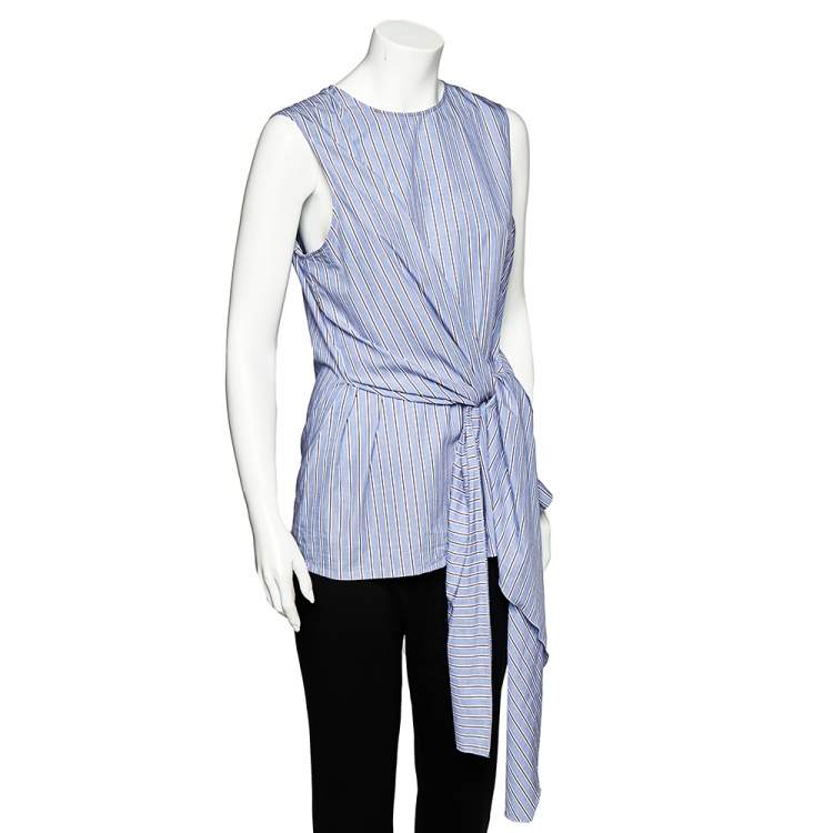 Pre Owned Joseph Blue Striped Cotton Wrap Detail Alicia Top L