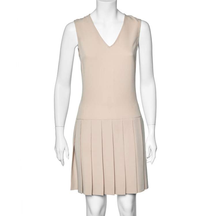 Pre Owned Joseph Beige Crepe Pleated Hem Sleeveless Dress M