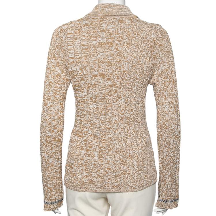 Pre Owned Joseph Beige Patterned Ribbed Knit Long Sleeve Polo Sweater L