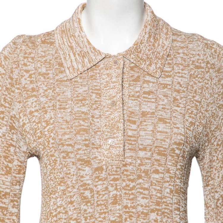 Pre Owned Joseph Beige Patterned Ribbed Knit Long Sleeve Polo Sweater L