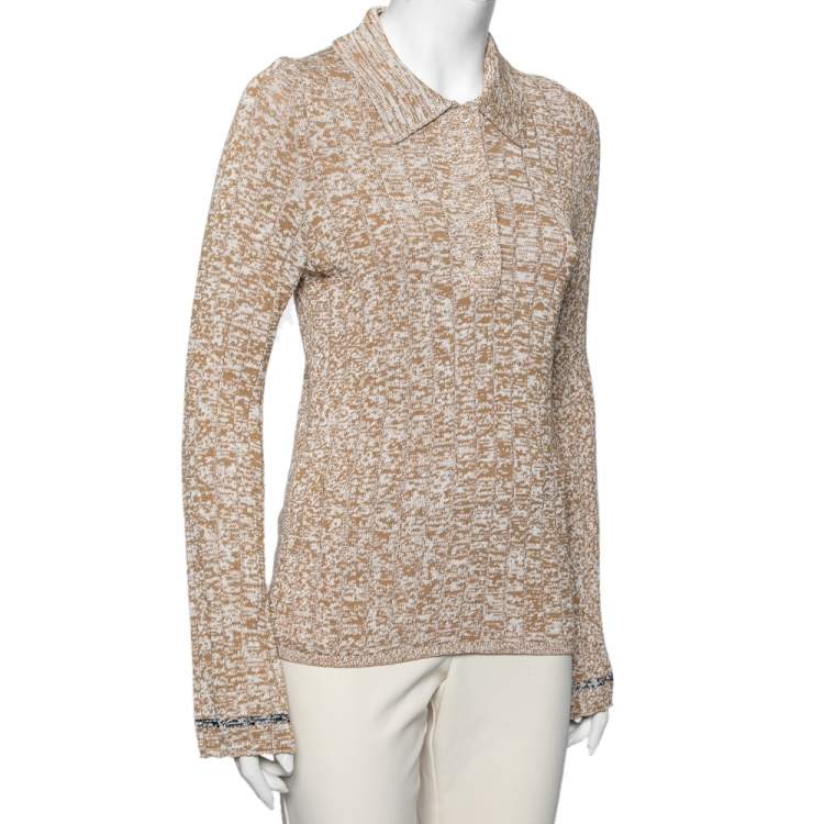 Pre Owned Joseph Beige Patterned Ribbed Knit Long Sleeve Polo Sweater L