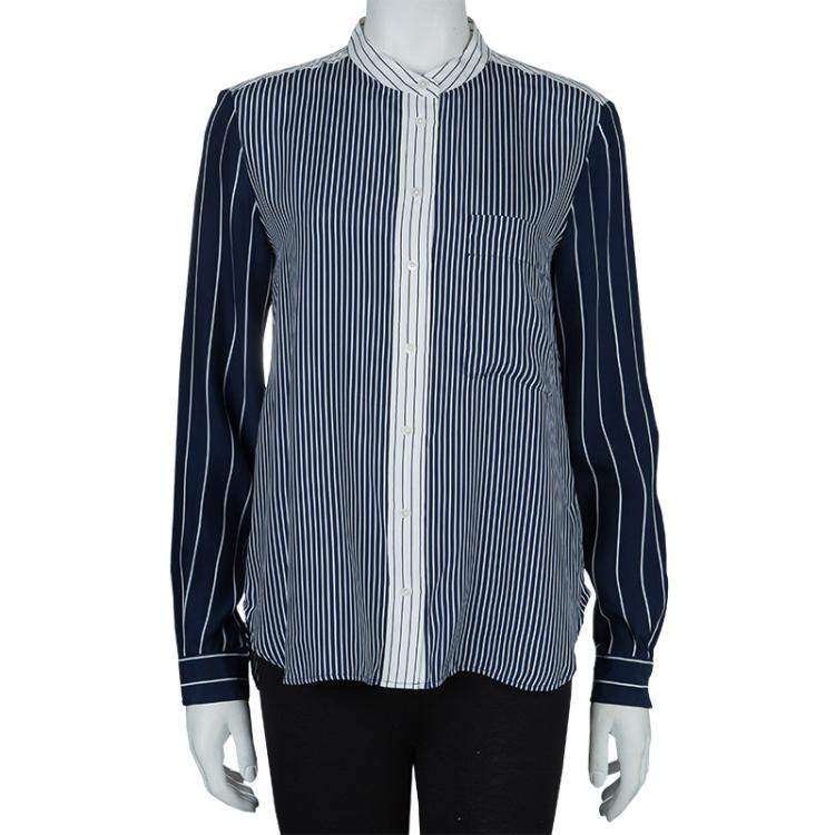Pre Owned Joseph Blue and White Striped Long Sleeve Silk Shirt S