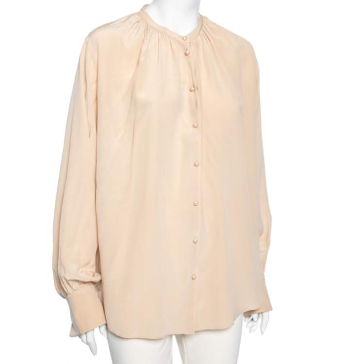 Pre Owned Joseph Beige Silk Oriental Neckline Everett Button Front Top L