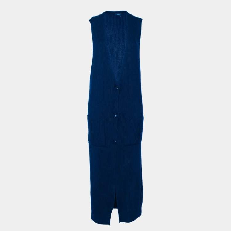 Pre Owned Joseph Navy Blue Textured Knit Long Sleeveless Cardigan L
