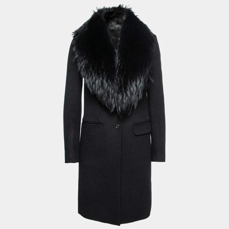 Pre Owned Joseph Black Wool Detachable Fur Collar Mid-Length Coat S   