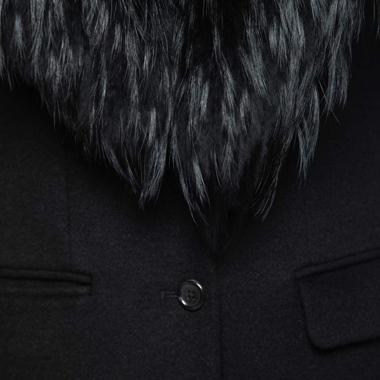 Pre Owned Joseph Black Wool Detachable Fur Collar Mid-Length Coat S   