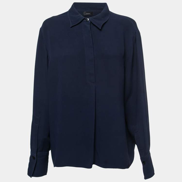 Pre Owned Joseph Dark Blue Crepe Silk Long Sleeve Blouse L