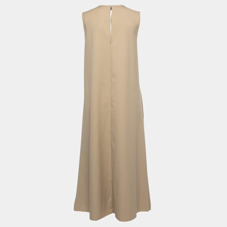 Pre Owned Joseph Beige Crepe Pleated V-Neck Sleeveless Dress L