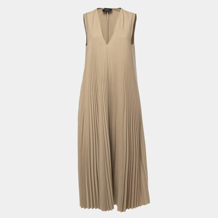 Pre Owned Joseph Beige Crepe Pleated V-Neck Sleeveless Dress L