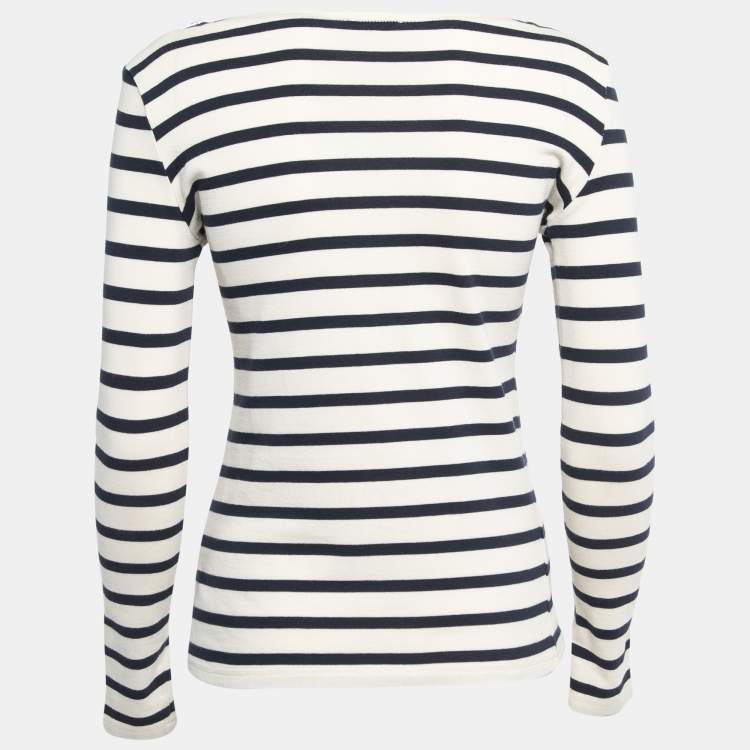 Pre Owned Joseph Cream/Navy Blue Striped Cotton Lace Trimmed Full Sleeve T-Shirt S