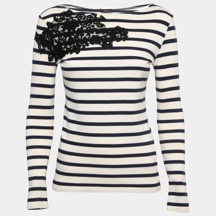 Pre Owned Joseph Cream/Navy Blue Striped Cotton Lace Trimmed Full Sleeve T-Shirt S