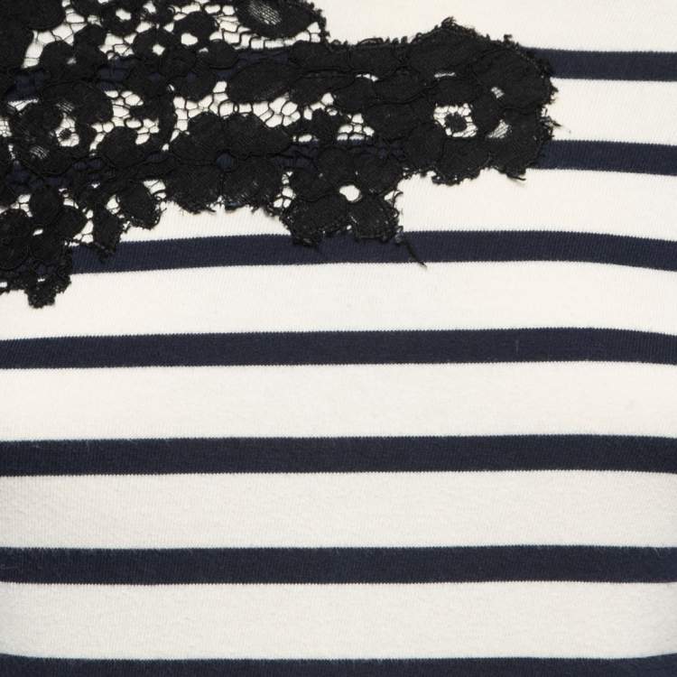 Pre Owned Joseph Cream/Navy Blue Striped Cotton Lace Trimmed Full Sleeve T-Shirt S