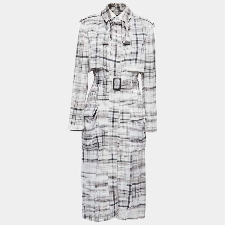 Pre Owned Joseph Grey Plaid Crepe Button Front Belted Midi Shirt Dress M