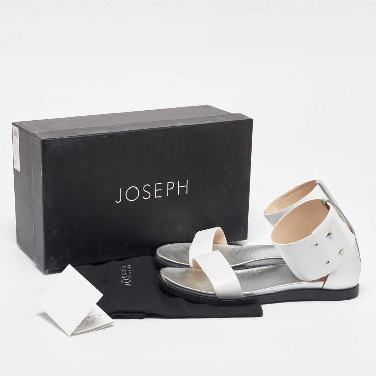 Pre Owned Joseph White/Silver Leather Ankle Strap Flat Sandals Size 39