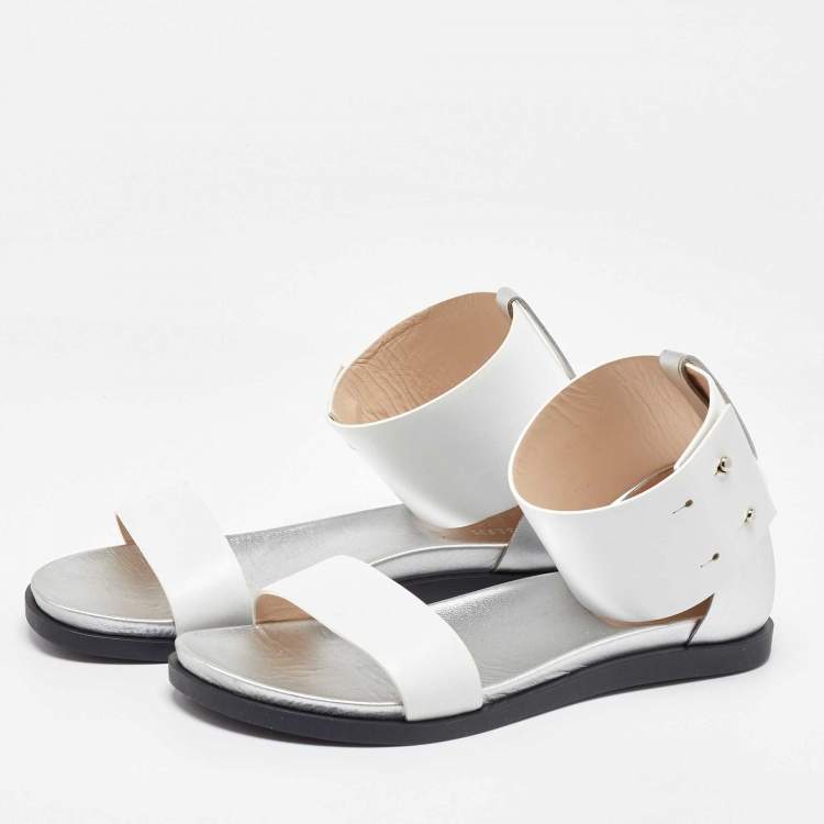 Pre Owned Joseph White/Silver Leather Ankle Strap Flat Sandals Size 39