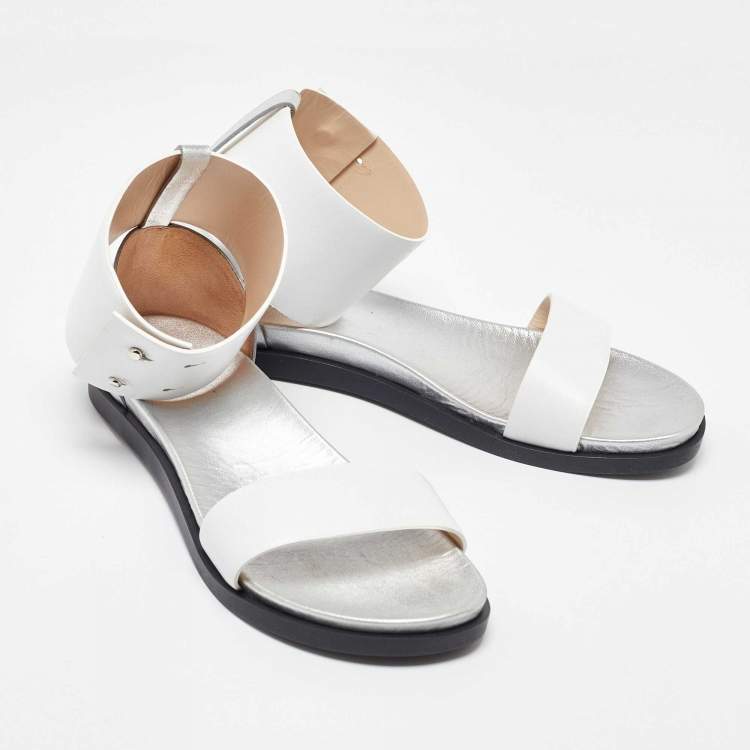 Pre Owned Joseph White/Silver Leather Ankle Strap Flat Sandals Size 39