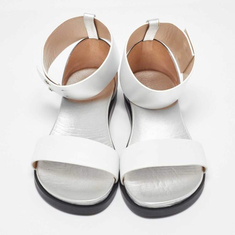 Pre Owned Joseph White/Silver Leather Ankle Strap Flat Sandals Size 39