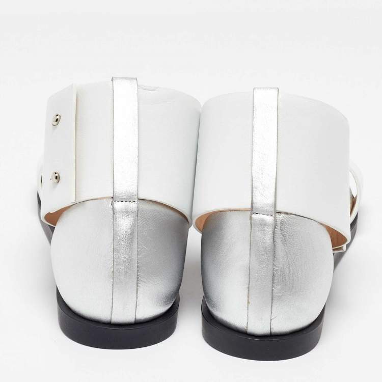 Pre Owned Joseph White/Silver Leather Ankle Strap Flat Sandals Size 39
