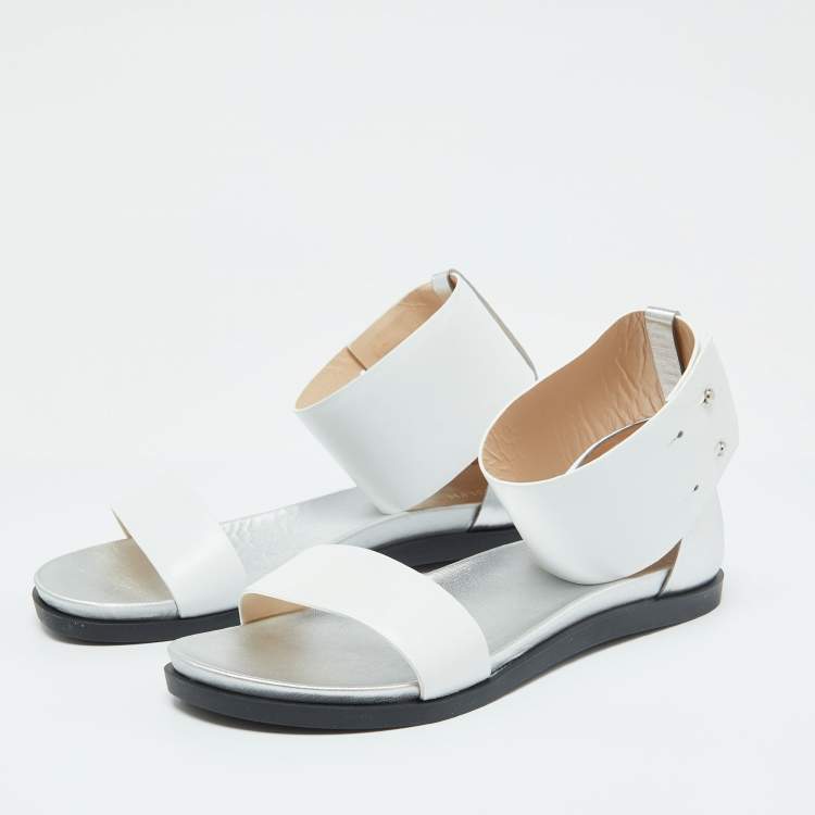 Pre Owned Joseph White/Silver Leather Ankle Strap Flat Sandals Size 40