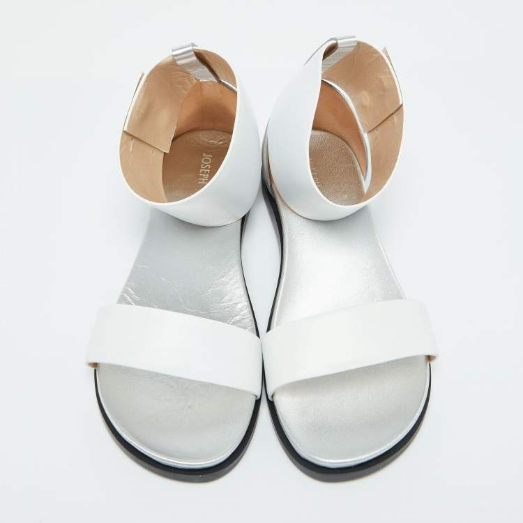 Pre Owned Joseph White/Silver Leather Ankle Strap Flat Sandals Size 40
