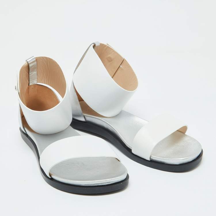 Pre Owned Joseph White/Silver Leather Ankle Strap Flat Sandals Size 40