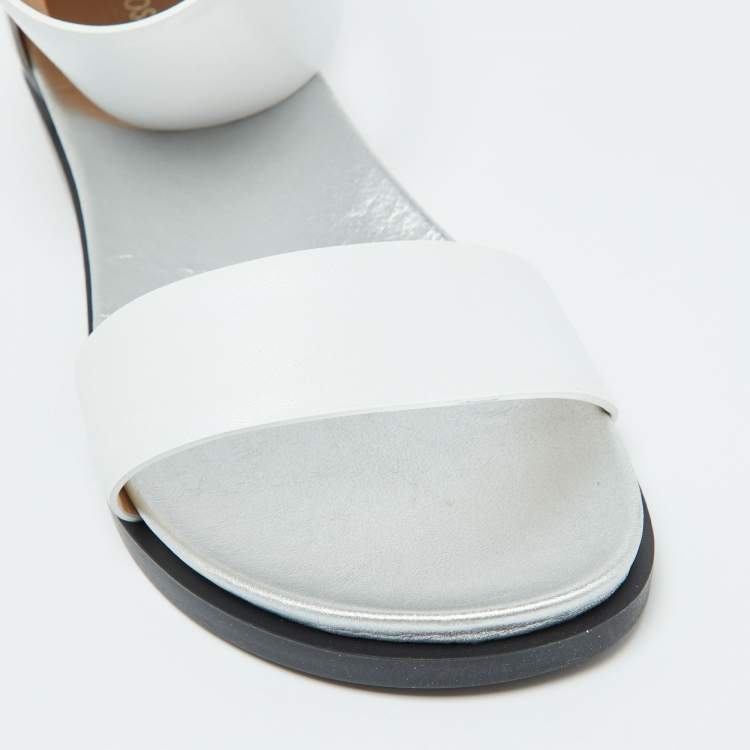 Pre Owned Joseph White/Silver Leather Ankle Strap Flat Sandals Size 40