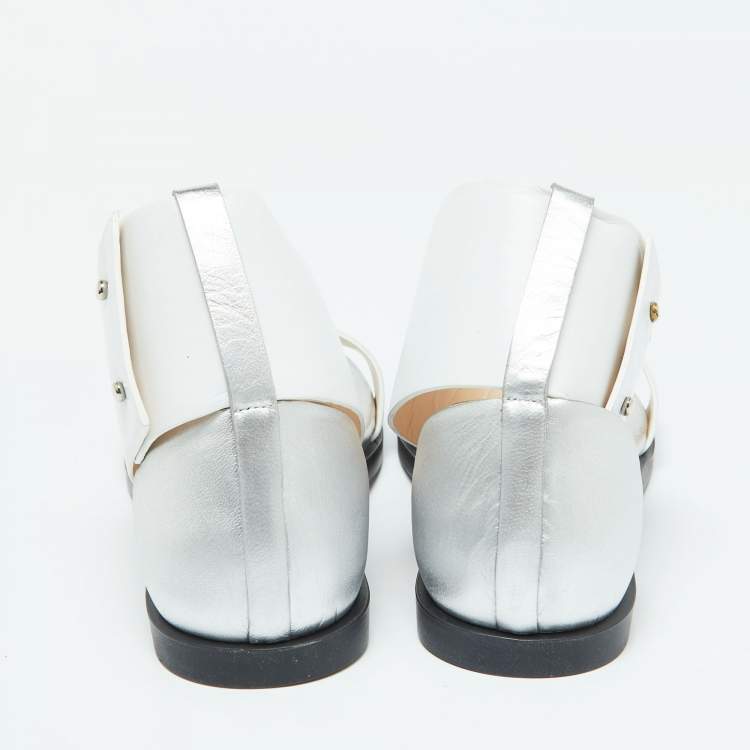 Pre Owned Joseph White/Silver Leather Ankle Strap Flat Sandals Size 40