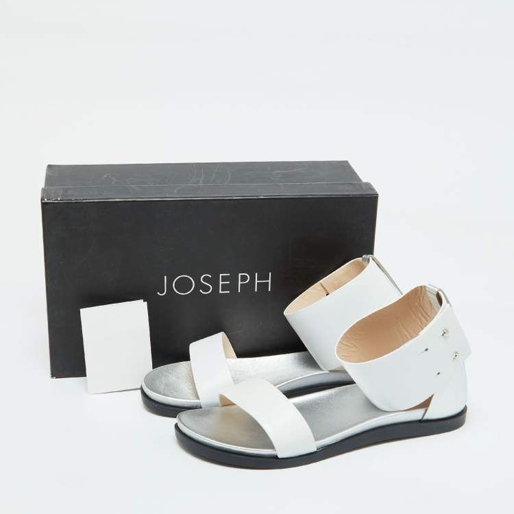 Pre Owned Joseph White/Silver Leather Ankle Strap Flat Sandals Size 40