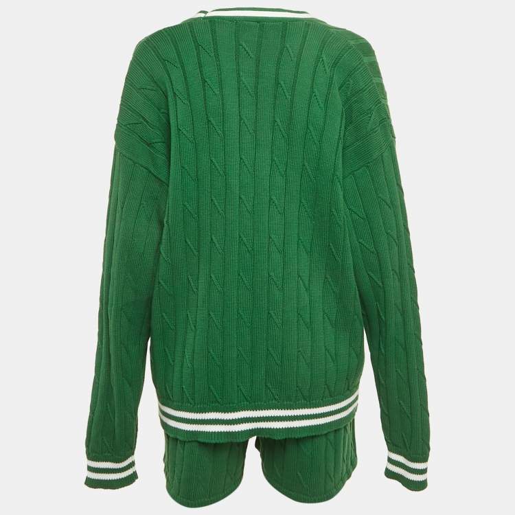 Pre Owned طقم كارديجان وشورتات كابل محبوك أخضر جوشوا ساندرز مع سمايلي مقاس صغير