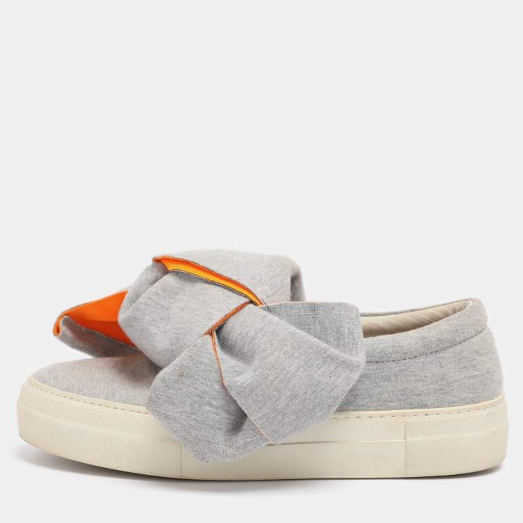 Pre Owned Joshua Sanders Grey Knit Fabric Bow Slip On Sneakers Size 38