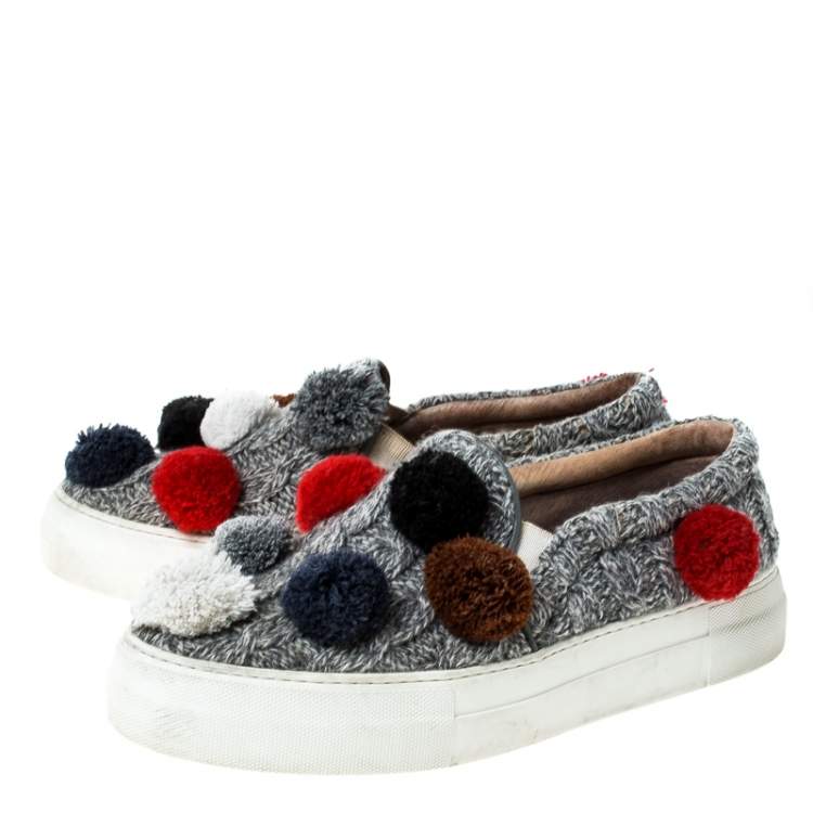 Pre Owned Joshua Sanders Grey Wool Blend Pom Pom Slip On Sneakers Size 39