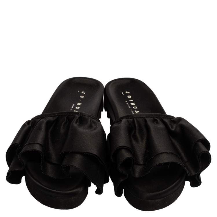 Pre Owned Joshua Sanders Black Satin Ruffle Slide Sandals Size 39
