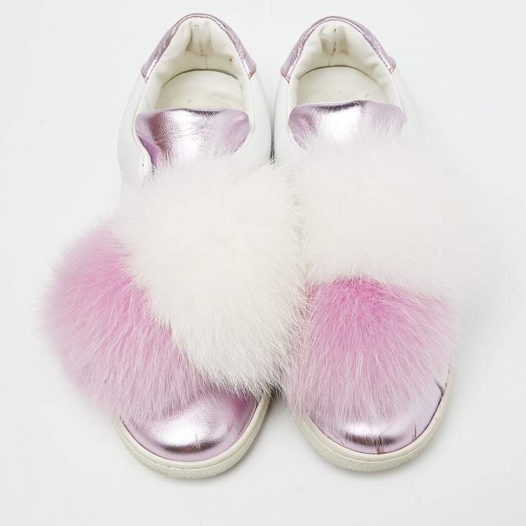 Pre Owned Joshua Sanders Lilac/White Leather Pom Pom Slip On Sneakers Size 37