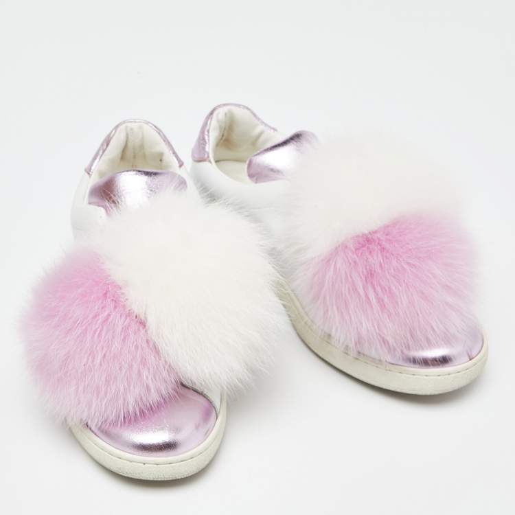 Pre Owned Joshua Sanders Lilac/White Leather Pom Pom Slip On Sneakers Size 37
