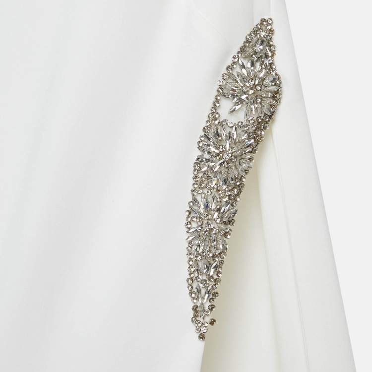 Pre Owned Jovani White Jersey Crystal Embellished Jersey Detachable Cape Sleeve Gown S