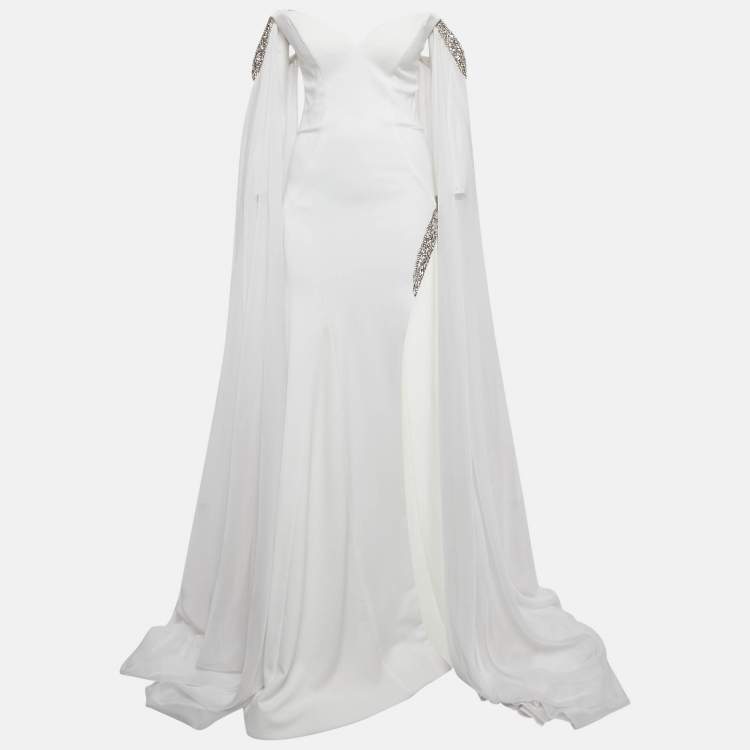 Pre Owned Jovani White Jersey Crystal Embellished Jersey Detachable Cape Sleeve Gown S