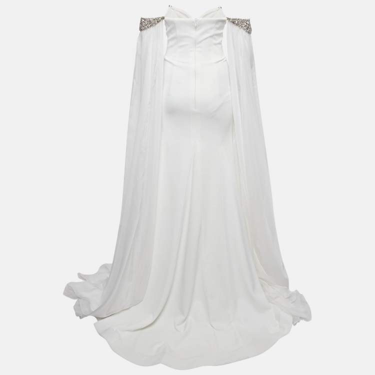 Pre Owned Jovani White Jersey Crystal Embellished Jersey Detachable Cape Sleeve Gown S