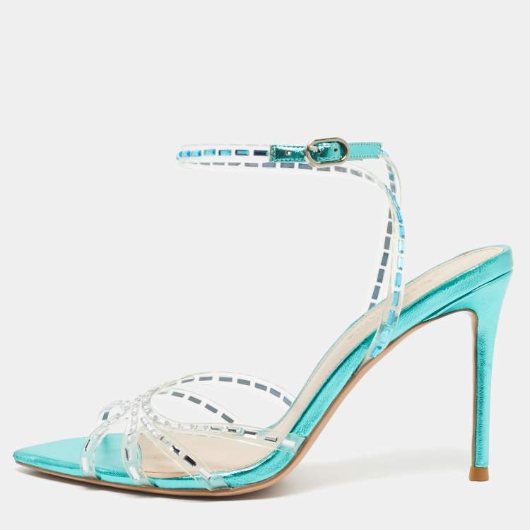 Pre Owned Jéssamiro Transparent/Metallic Blue Leather and PVC Crystal Embellished Ankle Wrap Sandals Size 39