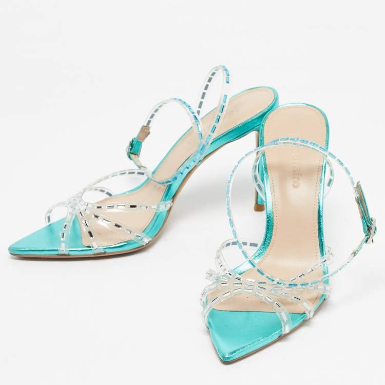 Pre Owned Jéssamiro Transparent/Metallic Blue Leather and PVC Crystal Embellished Ankle Wrap Sandals Size 39