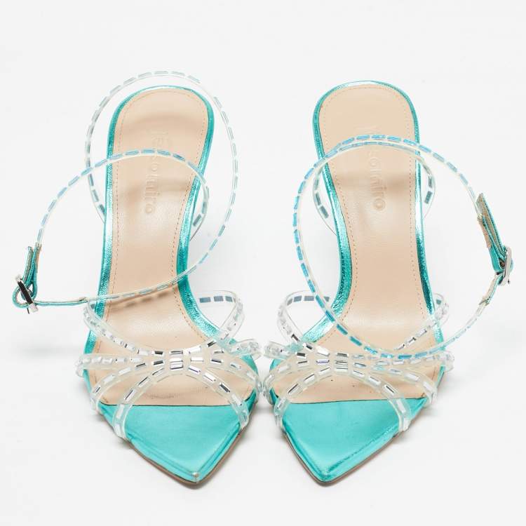 Pre Owned Jéssamiro Transparent/Metallic Blue Leather and PVC Crystal Embellished Ankle Wrap Sandals Size 39