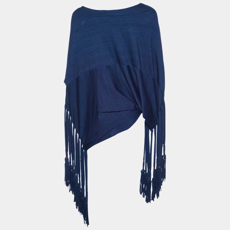 Pre Owned Junya Watanabe Comme des Garcons Navy Blue Cotton Knit Fringed Detail Top L