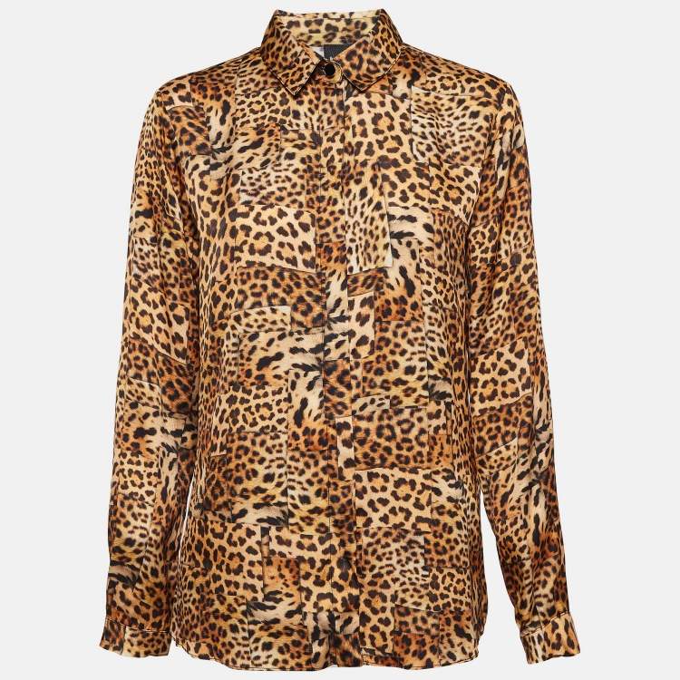 مملوكة مسبقًا Just Cavalli Brown Leopard Print Satin Shirt S