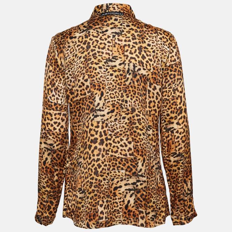 مملوكة مسبقًا Just Cavalli Brown Leopard Print Satin Shirt S